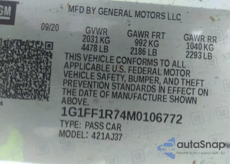 2021 Chevrolet Camaro Rwd Lt1 из США, поврежденный, VIN 1G1FF1R74M0106772